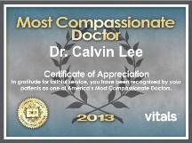 Compassionate Doctor Award 2013 for Calvin Lee for Botox injections in Modesto, CA