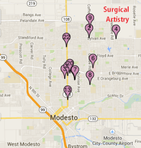 Modesto Botox Injectors, a rough map from BotoxCosmetic.com. Notice that we're on the top right corner of the Modesto Map.